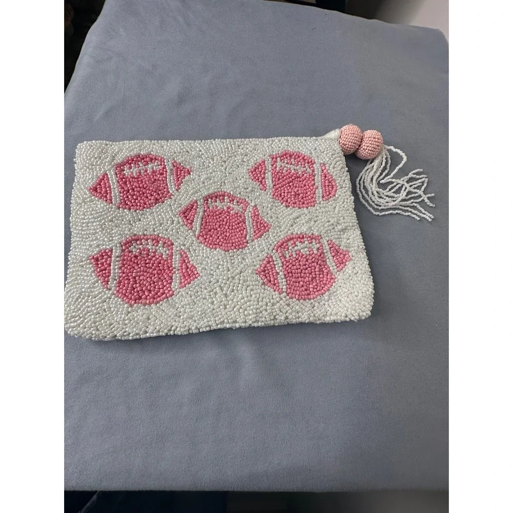 Pink Football Hand Beaded Clutch Bag White Game Day Tassel Zip Pouch